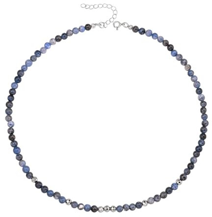 Unique Gems Damen Perlenkette kurz Lapislazuli Ø 4mm rund Edelstein Choker 38cm mit Hämatit Perlen Halskette Juweliers- Qualität