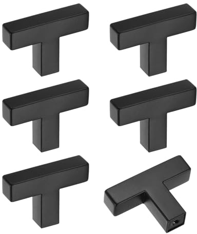 M METERXITY 6-Pack Cabinet Pulls Knobs, 2 Square Modern Stainless Steel t Bar Knobs Single Hole Handles for Dresser Drawers/Office Decorative/Kitchen Bathroom Door [Black]
