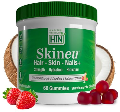 Health Thru Nutrition Skineu Hair, Skin & Nails+ Gummies | Biotin 5000mcg, Hyaluronic Acid, Retinyl Palmitate | Beauty Support - Strength & Hydration | Strawberry Piña Colada Flavor | 60 Gummies