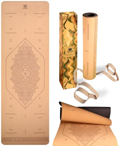 Edelwelt Yogamatte aus Kork – rutschfest & nachhaltig – 183×61 cm mit 5 mm dicker Matte, Tragegurt & Lasergravur-Design für Yoga, Pilates, Gym & Sport – für Anfänger & Geübte