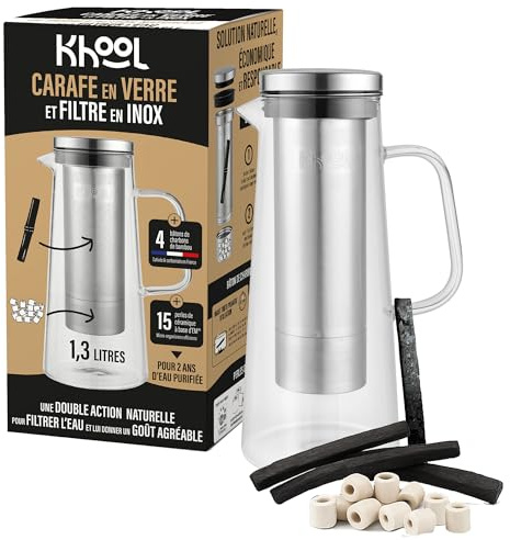 KHOOL - Kit Carafe filtration de l'eau en Verre et Inox + Bâtons Charbon de Bambou et Perles de Céramique - Purifie & améliore le goût de l’eau - Alternative Écologique - Origine France - 1L