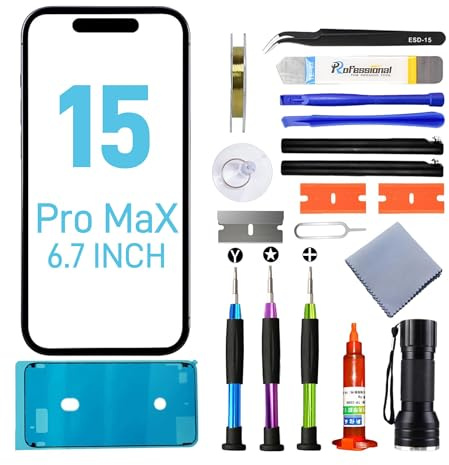 Tpyag für iPhone 15 Pro Max Display,Frontglas Display für iPhone 15 Pro Max 6,7 Zoll,Bildschirm Reparaturset mit wasserfestem Kleber (KEIN LCD & Touch-Digitizer)
