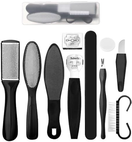 pinkfawn 10 in 1 Foot File Pedicure Set, Foot File Hard Skin Remover Foot Care Kit, for Wet & Dry Use Heel Care Scrubber Kit for Women Men Salon or Home SPA (Black)