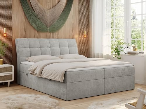 MKS MEBLE Boxspringbett 180x200 Hellgrau Strukture, Bett mit Multipocket Matratze H4 und Topper Visco, Polsterbett 120x200 mit Bettkasten und Kopfteil, DIEGOS