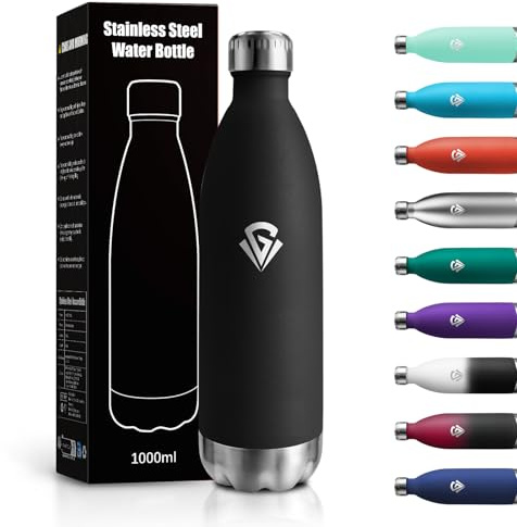 Thermosflasche 1L, Thermoskanne Doppelwandig Kohlensäure Geeignet, BPA-Frei Auslaufsicher, Trinkflasche Isoliert Edelstahl für Uni, Arbeit, Reisen, Sport, Outdoor, Jungen, Mädchen