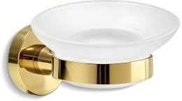 Wall-Mounted Soap Dish Holder with Frosted Glass Cup, Rustproof Stainless Steel Round Soap Holder for Bathroom and Kitchen, Polished Finish (Gold)