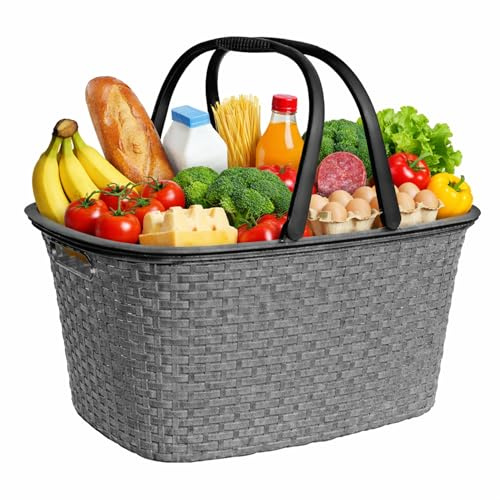 Ebaxx 32 Liter Rattan Henkel Einkaufskorb Wäschekorb mit Griffen aus Kunststoff Grau