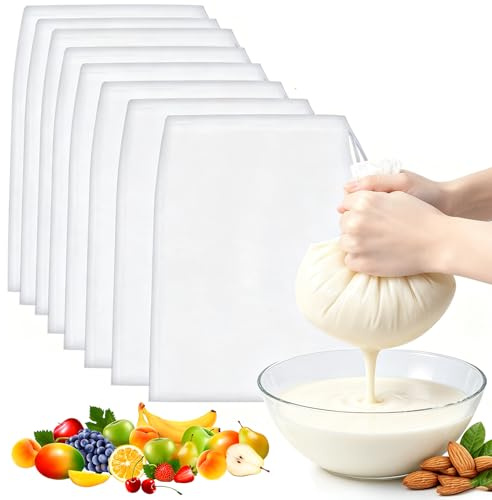 8 PCS Reusable Drawstring Filter Bags, 20 * 30cm Cheesecloth Drawstring Bags,Cheese Cloths for Straining Reusable Fine Mesh Straining Bag,for Cooking, Jam Making, Yogurt, Nut Milk, Food Straining