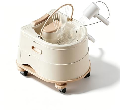 Mobiles Haarwaschbecken fürs Bett, Höhenverstellbares Rückwärtswaschbecken mit PU Kissen, Handbrause & Rollen, Tragbare Head Spa Waschwanne für Haarpflege Beige