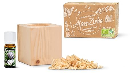 Zirbenwürfel Set mit 10ml Bio-Zirbenöl und 10g Zirbenspäne - luftgetrocknetes Zirbenholz
