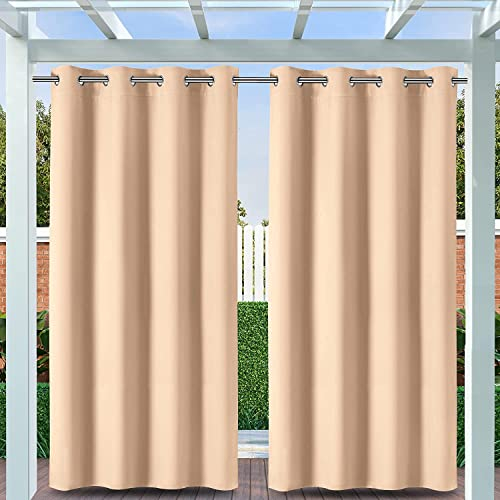 Clothink Outdoor Vorhang Wetterfest Mit Ösen, Outdoorvorhänge Wasserdicht Outdoor Gardinen Sonnenschutz Sichtschutz für Balkon Pergola Terrasse Veranda (132x245cm, 1 Stück, Beige)