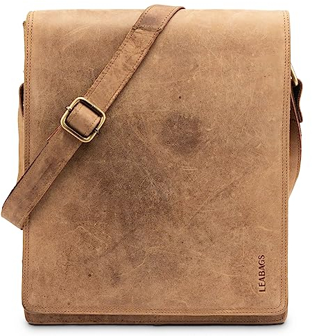 LEABAGS Leder Messenger Bag, London Vintage Herren Umhängetaschen, Echtleder Aktentasche Laptoptasche bis 13 Zoll, Umhängetasche mit Schultergurt Arbeitstasche Herren Lehrertasche