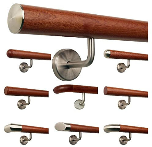 TIBU Mahagoni Holz Geländer Handlauf Treppe Griff gewinkelte Edelstahlhalter, Länge 30-500 cm aus einem Stück, Länge 190 cm mit 3 Halter - Enden leicht gewölbte Edelstahlkappe