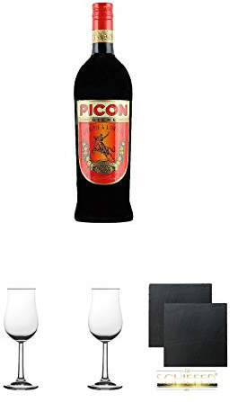Picon - BIERE - Aperitiv 1,0 Liter + 2 Bugatti Nosing Gläser mit Eichstrich 2cl und 4cl + 2 Schiefer Glasuntersetzer eckig ca. 9,5 cm Ø