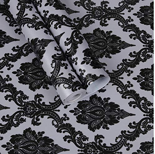 Black Damask Contact Paper Self Adhesive Shelf Liner Cabinets Drawer Wall Sticker Peel and Stick Wallpaper for Bathroom Bedroom 17.7 x 196