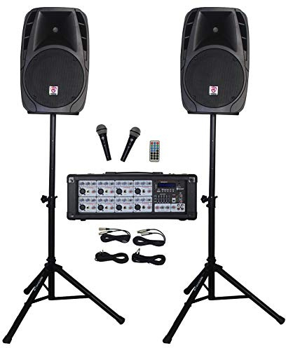 Rockville RPG2X12 PA Speaker System - Dual 12 Inch Powered Speakers, 8-Channel Mixer with Bluetooth, Adjustable Stands, 2 Wired Microphones, Cables