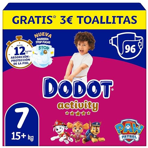 Dodot Pañales Bebé Activity, Talla 7 (15+ kg), 96 Pañales, Hasta 12h de Protección Antifugas y Ajuste, Pack Mensual