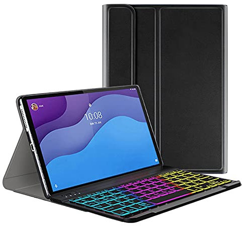 QYiD - Custodia per tastiera Lenovo Tab M10 Plus, in pelle PU, con supporto in 7 colori retroilluminata, tastiera wireless rimovibile magneticamente per Lenovo Tab M10 Plus TB-X606F, colore: Nero