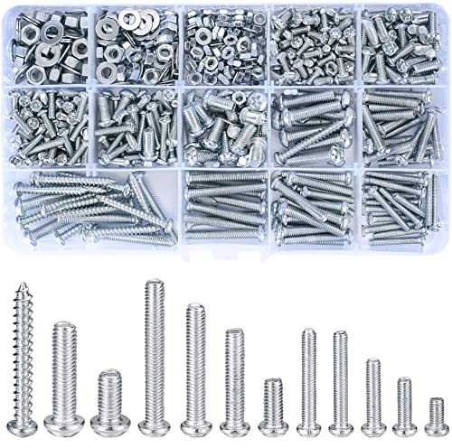 Vwoqiy 550 Pcs Round Cross Pan Head Screws Nuts Flat Washers Assortment Kit, M3 M4 M5 Machine Screws Bolts and Nuts Sets, with Storage Box, 12 Size (silvery 550)