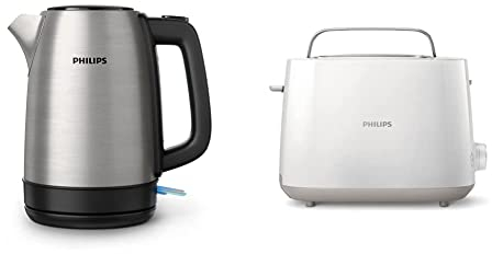 Philips Daily HD9350/90 Hervidor de Agua, 2200 W, 1.7 Litros, Inox + Daily HD2581/00 -Tostador 830 W, Doble Ranura, Color Blanco