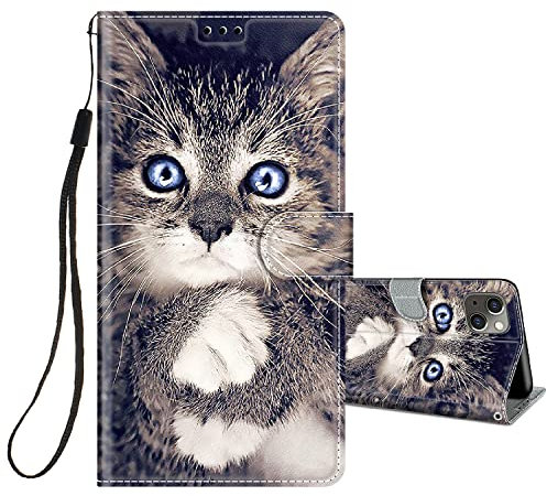 HopMore Flip Case for iPhone 13/14 - Protective Wallet Case with Kickstand, Card Slot, Silicone Shockproof Cover - Grey Cat