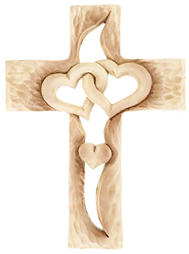 Taufe Geschnitztes Holzkreuz mit ineinander verschlungenen Herzen, Holzkreuz zum Aufhängen an Wand, Dekoration für , , Taufgeschenke