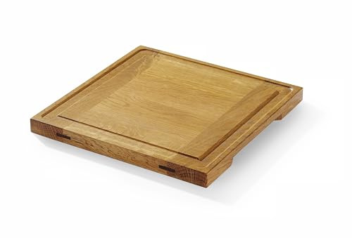 HENDI Servierbrett, einseitig, mit Saftrille, gefrästen Griffen, Schneidebrett, Küchenbrett, Holzbrett, Frühstücksbrett, Steakbrett, Tapasbrett, 270x270x(H)20mm, Eichenholz