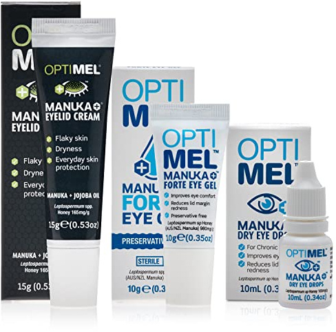 Optimel Manuka Honey Eye Treatment Bundle - Eye Drops, Gel & Eyelid Cream - Dry Eye Itchy Flaky Skin Treatment & Relief - Blepharitis, Corneal - Eczema & Dermatitis, White
