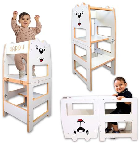 Arte Del Legno, Torre Montessoriana Bambini Pieghevole - Happy Tower Basic 3-in-1 Scrivania Bambini, Panchina o Pedana, Made in Italy, Torre di Apprendimento Legno Antimacchia