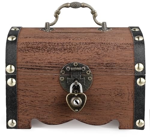 SEWACC Small Wooden Treasure Chest Box, Retro Treasure Chest Storage Box with Lock& Keys Bank Box Wooden Chest Money Box