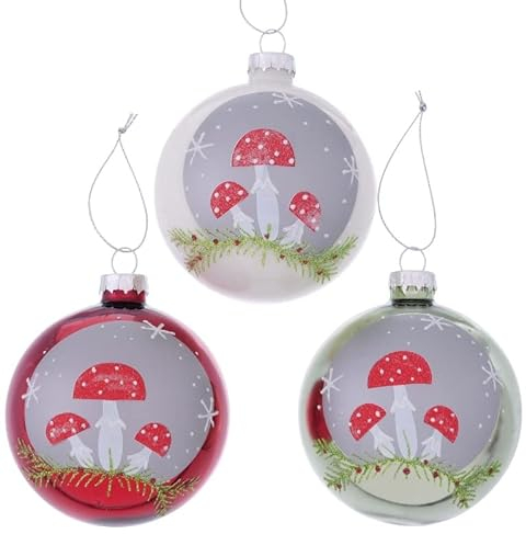 3 STK große Glas Weihnachtskugeln mit Fliegenpilzen n440 Christbaumschmuck Weiss rot Silber Farben 8cm Glaskugeln Christbaumkugeln Weihnachtsdeko Hänger Kugelset Pilze Fliegenpilz
