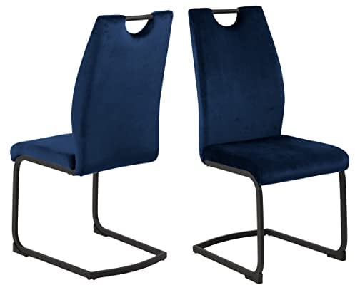 AC Design Furniture Ursula Samt-Esszimmerstühle 2er-Set mit Rückenlehne, gepolsterter Esszimmerstuhl mit dunkelblauem Stoff, schwarze Metallbeine, modern elegant Freischwinger, bequemer Esszimmerstuhl