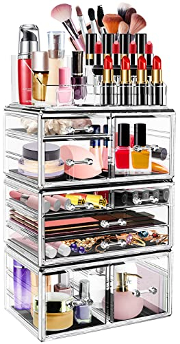 LINYAPRY Clear Makeup Organizer, Acrylic Cosmetic Storage Drawers and Jewelry Display Box with 9 Large Drawers, Stackable Cosmetic Display Case for Skin Care Bathroom Dresser Vanity Countertop