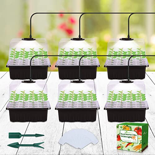 Seedfactor Seed Starter Tray with Light, 6PCS Seed Starter Kit with Grow Light, Seedling Starter Trays with Humidity Domes, Covers Height 3.9, Indoor Gardening Plant Germination Trays