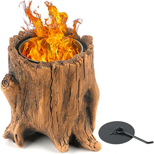 SISETOP Baumstumpf Tischplatte Feuerstelle, Beton Indoor Smores Maker, Tragbare Tischplatte Feuerstelle Schüssel, Rauchfreier Mini-Kamin für Outdoor, Camping, Outdoor, Terrasse, Dekor