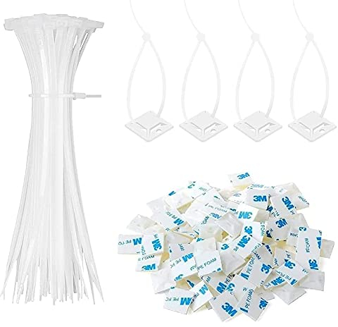 100 Stück Kabelbinder Set, Weiß Kabelbinder, Kabelbinder 150mm x2.5mm, Kabelbinder Wiederverschließbar, Kabel Binder Set und 100 Klebesockel, für Haushalt, Gartenbau, Weiß
