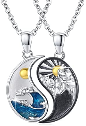 JFASHOP Yin Yang Halskette 925 Sterling Silber Taichi Paar BFF Kette Berg Sonne Anhänger Halskette 2 Stück Yin Yang Kette Schmuck Geschenke für Damen Herren Couple