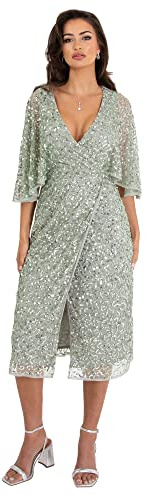 Maya Deluxe Womens Midi Dress Ladies Sequin Embellished Cape Sleeve Wrap Dress for Wedding Guest Bridesmaid Cocktail Prom Evening Green Lily Size 6 UK