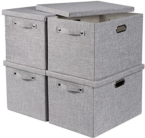 4x39L Large Storage Bins with Lids - Thick Decorative Storage Boxes with Lids Foldable Closet Storage Bins for Clothes Linen Storage Organizer Storage Boxes for Nursery Playroom Office Shelves-Grey