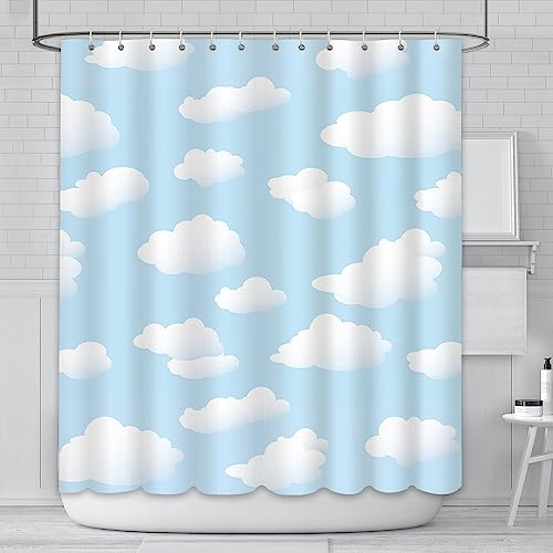 AIBIIN Rideau de douche 180 x 180 cm bleu ciel et nuages blancs avec crochets Décoration d'intérieur pour enfants Amusant Facile d'entretien Lavable Tissu polyester durable