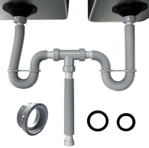 VIVIDA Flexible 1-1/2 in Drain Pipe, Expandable 11-31.5, Double Bowl Sink Drain Kit, 1-1/4 Adapter, Gray, 1 Pack