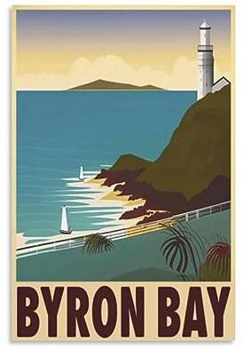 Byron Bay Australien Vintage-Reiseposter, 60 x 90 cm, Leinwanddruck für Wohnzimmer, Schlafzimmer, Wohnheim, Zuhause, Büro, Wanddekoration