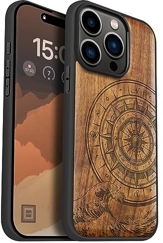 Carveit Holz Handyhülle für iPhone 15 Pro Handyhulle kompatibel mit MagSafe Massivholz für Apple 15 Pro Handyhülle Stoßfeste Stoßstange Weich TPU hulle(Nussbaum-Der Kompass vor Kanagawa Waves).