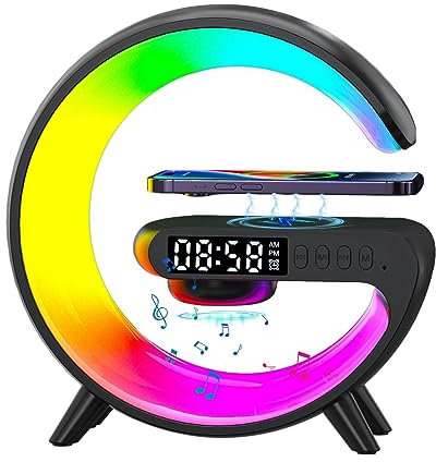 Wireless Speaker Charger | G Shape LED Wireless Charging Speaker | Atmosphere Night Light Wireless Pho ne Charger | RGB Color Changing Ambient Light Alarm Clock All in O ne LED Table Lamp for Bedroom