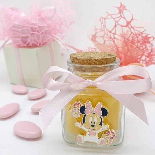 Doni Bomboniere 10 Vasetti in Vetro portaconfetti con Tappo in Sugherocon Charm Disney di Baby Minnie Mouse con Tutina Rosa e Fiocco. Bombiera Nascita, Battesimo, Primo Compleanno Bimba