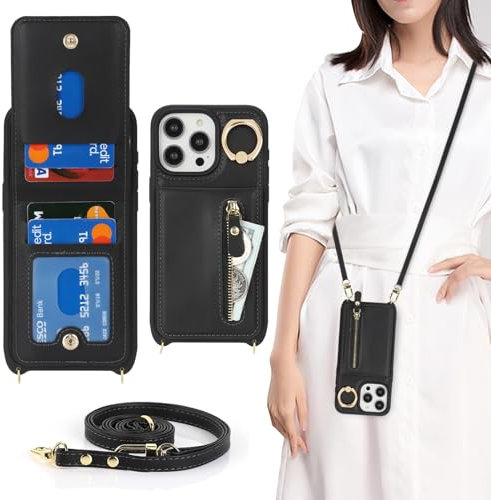 Zouzt for iPhone 15 Pro Max Case with Cord and Card Holde, Zipper Wallet Case with Crossbody Lanyard Ring Adjustable Necklace Protective Cover Women for iPhone 15 Pro Max 6.7 Inch - Black