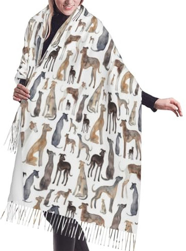 GRatka Schal, Windhunde, Wippets und Lurcher-Hunde, Unisex-Schal mit Fransen, groß, warm, weich, Kaschmir-Gefühl, Tücher, 196 x 68 cm
