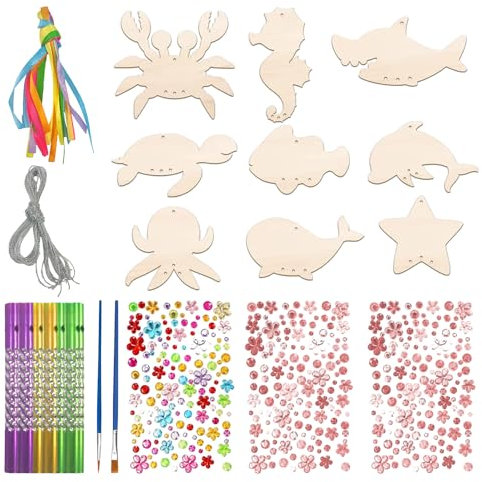 MEMOFYND Set di 9 campanelli a vento con animali marini, decorazioni creative da appendere per esterni, set di campanelli a vento creativo fai da te, pittura in legno con animali marini