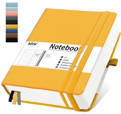 Mlife Notizbuch A4 Liniert,Dickes Notizbücher mit 360 nummerierten Seiten und 100g/M² Tintenfestes Papier,Hardcover Collegeblock, Tagebuch mit 2 Rücktasche für im Büro oder in der Schule(Gelb)