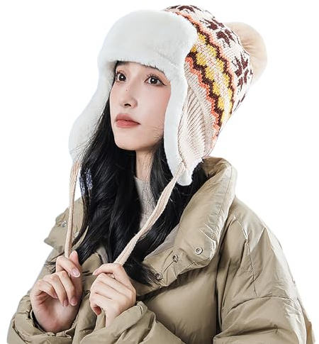 YJZQ Mütze Damen Strickmütze mit Kunstpelz Bommel Wintermütze Warm Winddichte Verdickte Skimütze Doppellagig Gefütterte Beanie Mütze Kunstpelz (DE/NL/SE/PL, Alphanumerisch, Einheitsgröße, Beige)